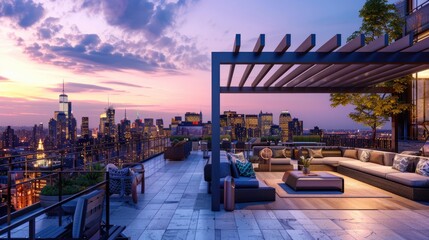 Wall Mural - A modern terrace lounge with a stylish pergola, elegant sofas, and a panoramic view of a vibrant city skyline at dusk, with the sky painted in shades of pink and orange.