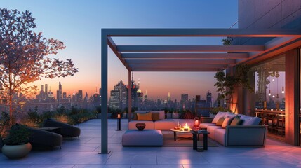 A modern terrace lounge with a stylish pergola, minimalist furniture, and a stunning view of a vibrant city skyline at dawn, with the first light of the day illuminating the buildings.