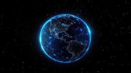 Aufkleber - A glowing blue Earth with a network of lines and dots against a black starry background.