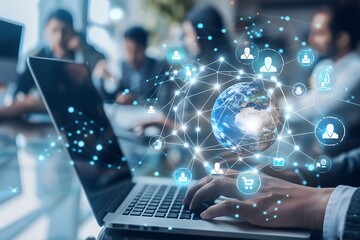 Poster - A digital illustration depicting a global network with a world map, glowing nodes, and lines connecting them, representing the interconnectedness of the digital world