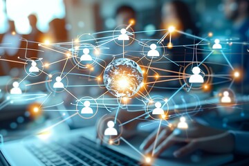 Poster - A digital illustration depicting a global network with a world map, glowing nodes, and lines connecting them, representing the interconnectedness of the digital world