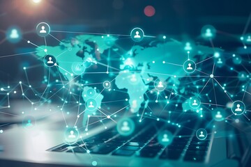 Poster - A futuristic global network with a world map, glowing lines connecting various locations, and floating icons representing data, communication, and technology