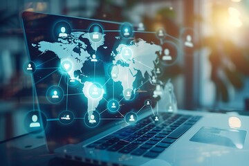 Poster - A futuristic global network with a world map, glowing lines connecting various locations, and floating icons representing data, communication, and technology