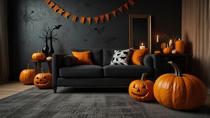 Orange and black living room interior for Halloween