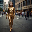 © Volgastudio - Pretty woman with fit body golden skin or in golden tight clot, walks along the street of a modern city
