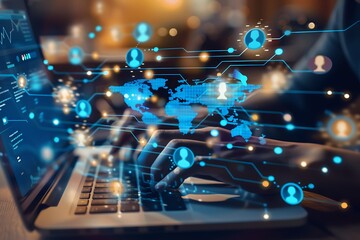 Poster - A futuristic global network with a world map, glowing lines connecting various locations, and floating icons representing data, communication, and technology