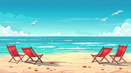 Wall Mural - Cartoon illustration a beach scene with red lounge chairs on the sand. The sea is calm and blue. Seagulls fly above the water, adding to the peaceful atmosphere.