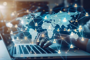 Poster - A futuristic global network with a world map, glowing lines connecting various locations, and floating icons representing data, communication, and technology