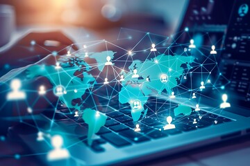 Poster - A futuristic global network with a world map, glowing lines connecting various locations, and floating icons representing data, communication, and technology