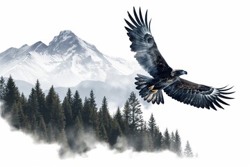 Wall Mural - Majestic golden eagle soaring over mountain forest landscape