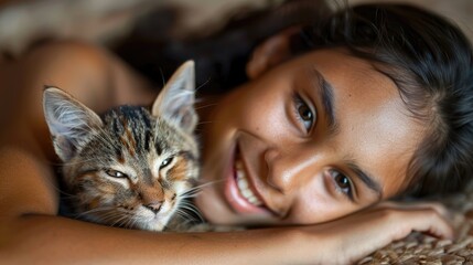 Wall Mural - A woman is laying on a bed with a cat on her lap