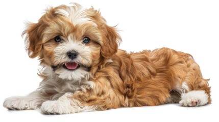 Wall Mural - A small brown and white dog is laying on a white background