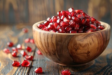 Wall Mural - Dehusked crimson pomegranate kernels in a wooden container for nourishment and culinary use.