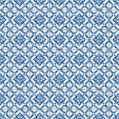 Wall Mural - Seamless geometric pattern, vintage texture, blue and white tiles. Design for cover, wall art, fabric, poster, canvas print.