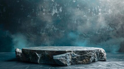 Wall Mural - Natural stone display stand for cosmetics with blue studio lighting and a spacious backdrop for text, surrounded by rocky paths.