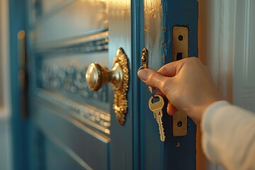 Female hand opens the door with a key to unlock the door, Generative AI