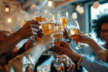 diverse team of coworkers celebrating with drinks