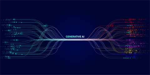 Poster - illustration of abstract stream information with cyan, blue, red and orange line and dot. big data, 