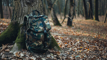 A backpack is sitting on a tree trunk in a forest