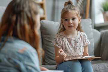 happy child girl talking to psychologist or therapist, sitting on sofa and talking to specialist wit