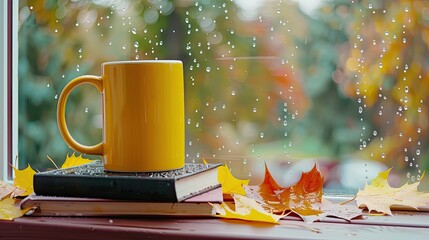 Canvas Print - A yellow coffee mug sits on top of two books