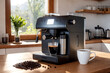 © SOLOTU - Black coffee machine with cup on counter in kitchen