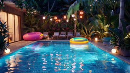 Wall Mural - realistic photo in a huge pool with inflatable toys and a deck with sunchairs and a tropical vibe, at night