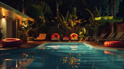 Wall Mural - realistic photo in a huge pool with inflatable toys and a deck with sunchairs and a tropical vibe, at night