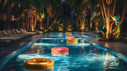 realistic photo in a huge pool with inflatable toys and a deck with sunchairs and a tropical vibe, at night