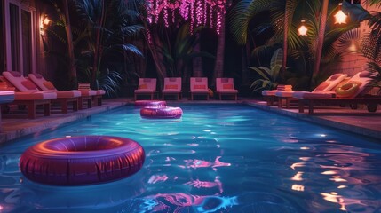 Wall Mural - realistic photo in a huge pool with inflatable toys and a deck with sunchairs and a tropical vibe, at night