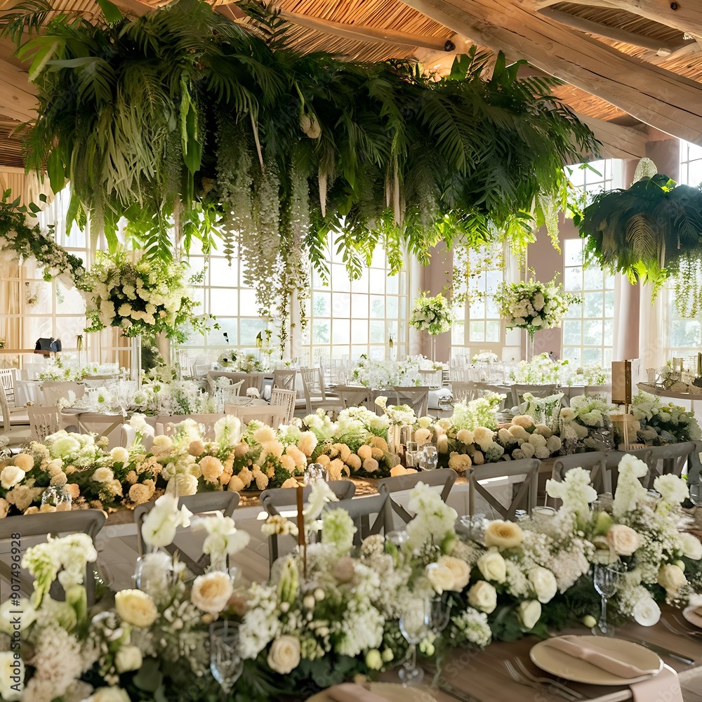 Visualize a wedding hall designed to bring the outdoors inside, with ...