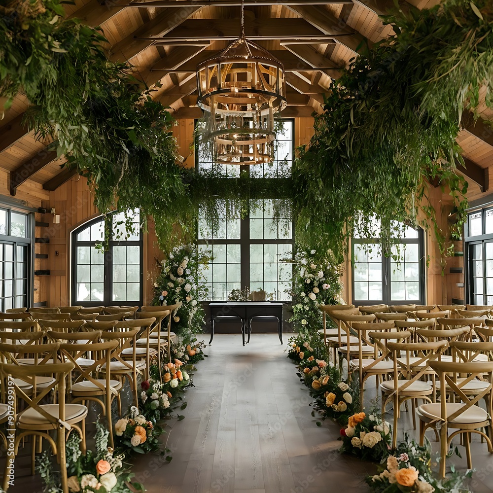 Visualize a wedding hall designed to bring the outdoors inside, with ...