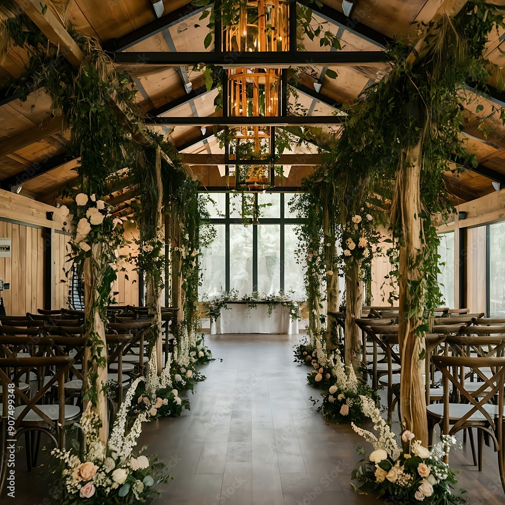 Visualize a wedding hall designed to bring the outdoors inside, with ...