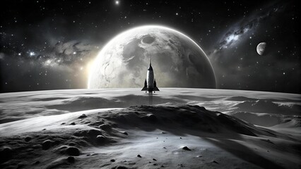 Wall Mural - Lunar Landscape with Silhouetted Spaceship  Generative AI