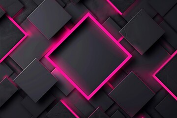 Fototapete - Abstract background with black squares and a pink neon frame on a dark grey, 