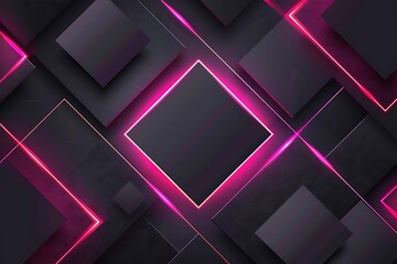 Poster - abstract background with black squares and a pink neon frame on a dark grey,