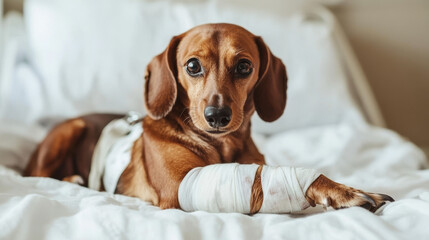 An injured dachshund is getting care in a hospital ward. The dog has bandages and a cast on its leg, and a plaster on its head. The dog is recovering from injuries it got in an accident.