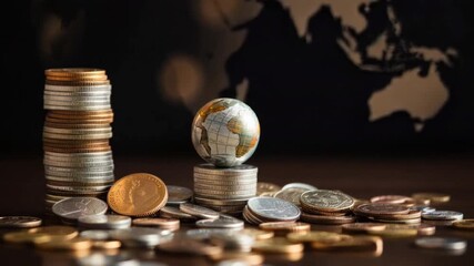 Poster - Coins money saving. Stock funding or money saving graph with coins. Background for business ideas and design. Chart for financial investment concept.