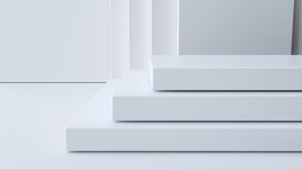 Poster - A white stack of books with a white background. The books are stacked in a pyramid shape. Concept of order and structure, as well as a feeling of stability and balance