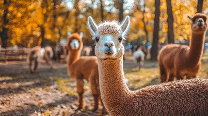 Cute brown and white alpacas with their funny tails at the Kyiv Zoo.