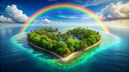Wall Mural - A Symphony of Colors: A Heart Shaped Tropical Island Bathed in Rainbow Hues  AI generated