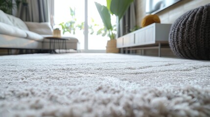 Interior of light living room with sofas, rattan table and soft carpet