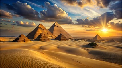 Wall Mural - golden hour at the pyramids: a symphony of light and sand generative ai