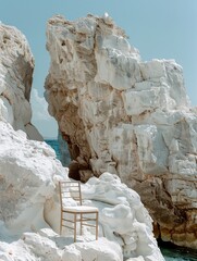 Wall Mural - A chair on a white rock on the beach, Greece, has a clear blue sky and the Mediterranean Sea