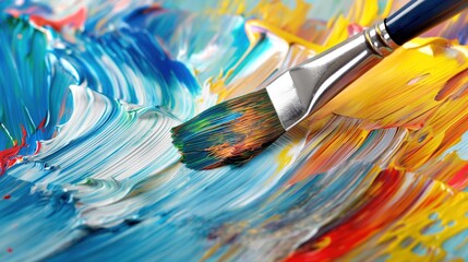 Poster - A brush glides over a canvas, blending bright blue, yellow, and red paints to create an engaging abstract artwork full of dynamic colors and textures