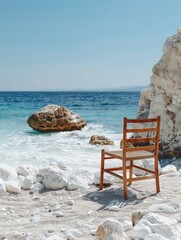 Wall Mural - A chair on a white rock on the beach, Greece, has a clear blue sky and the Mediterranean Sea