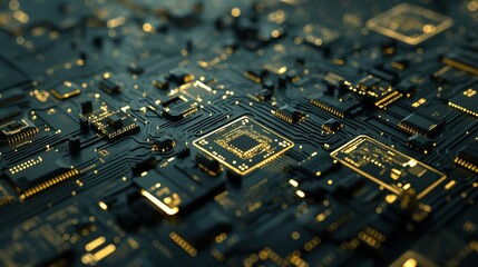 Poster - Close-up view of an intricate electronic circuit board displaying gold-plated components and connections illuminated by soft lighting