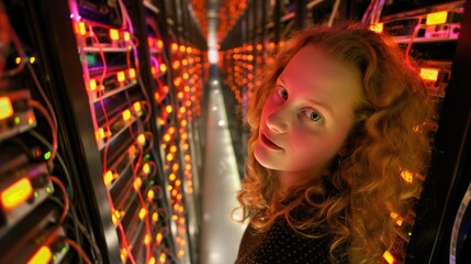 Poster - A young woman with curly hair stands in a server room illuminated by vibrant lights from numerous servers, showcasing a blend of technology and innovation