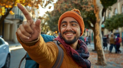 A young man wearing an orange beanie and scarf joyfully points while walking down a lively autumn street filled with colorful leaves and excited passersby