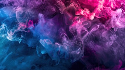 Fototapete - Swirling smoke creates captivating patterns in vibrant shades of pink and blue, forming an abstract and dynamic visual effect against a dark backdrop
